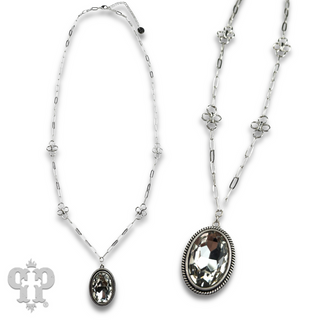 Large oval crystal pendant and flower chain necklace