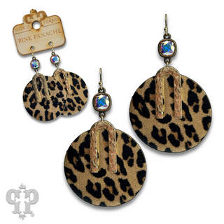 Pebbled leather circle earring, Austrian crystal