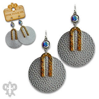 Pebbled leather circle earring, Austrian crystal