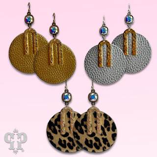 Pebbled leather circle earring, Austrian crystal