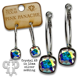 Square Austrian crystal hoop earring, 12mm
