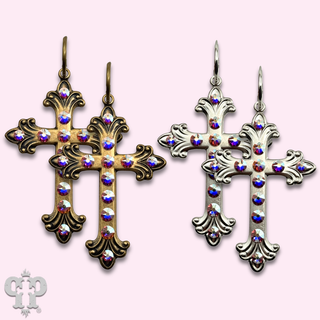 Swirl tip cross earring with Austrian crystals