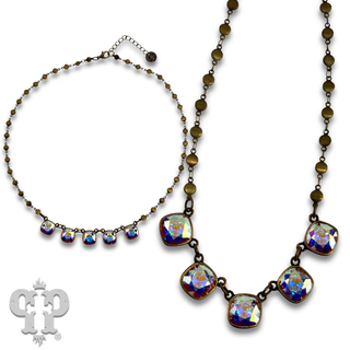 Austrian square crystal chain necklace with five stones