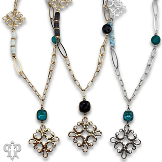 Scroll cross and bead necklace with Austrian crystal