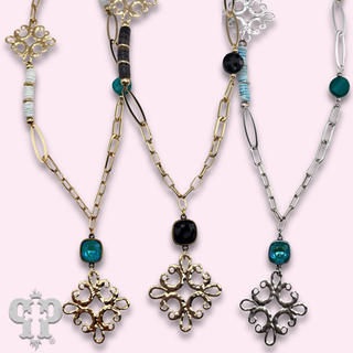 Scroll cross and bead necklace with Austrian crystal