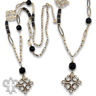 Scroll cross and bead necklace with Austrian crystal