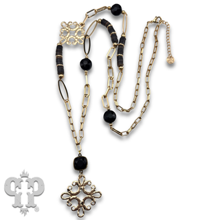 Scroll cross and bead necklace with Austrian crystal