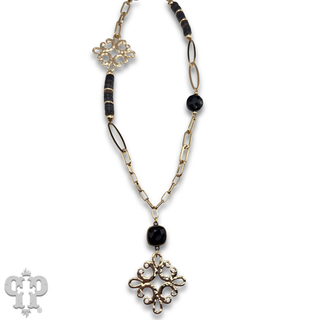 Scroll cross and bead necklace with Austrian crystal