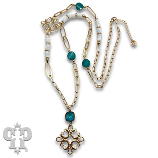Scroll cross and bead necklace with Austrian crystal