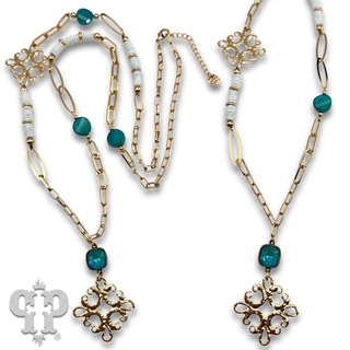 Scroll cross and bead necklace with Austrian crystal