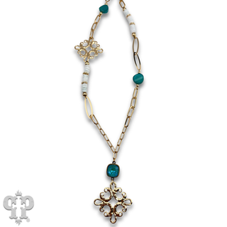 Scroll cross and bead necklace with Austrian crystal
