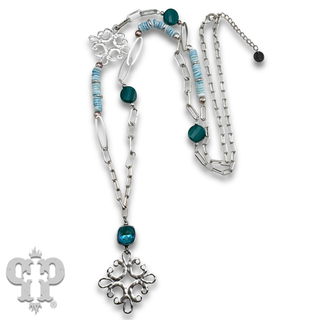 Scroll cross and bead necklace with Austrian crystal