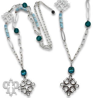 Scroll cross and bead necklace with Austrian crystal