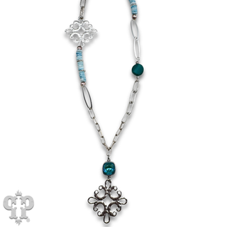 Scroll cross and bead necklace with Austrian crystal