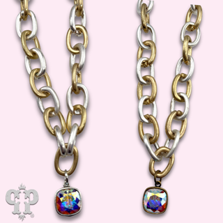 Two tone link necklace with Austrian crystal