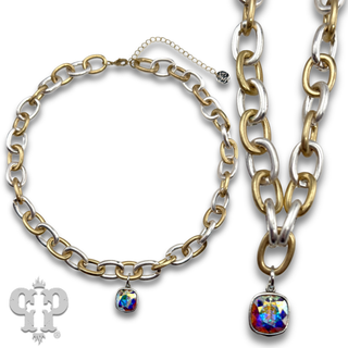 Two tone link necklace with Austrian crystal