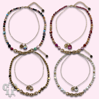 Double strand bead choker necklace with Austrian crystal