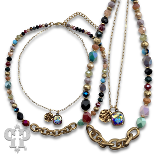 Double strand bead choker necklace with Austrian crystal