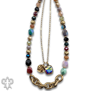 Double strand bead choker necklace with Austrian crystal