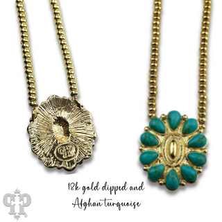 Turquoise concho pendant and 18k gold dipped bead choker necklace