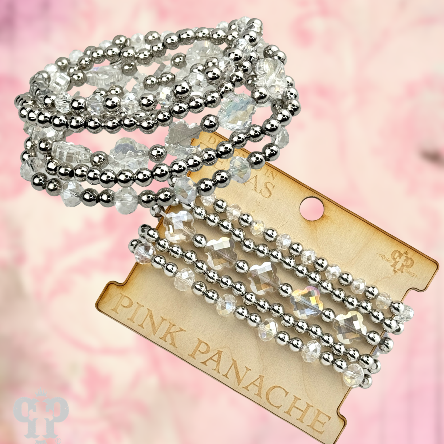 Crystal and silver bead bracelet set