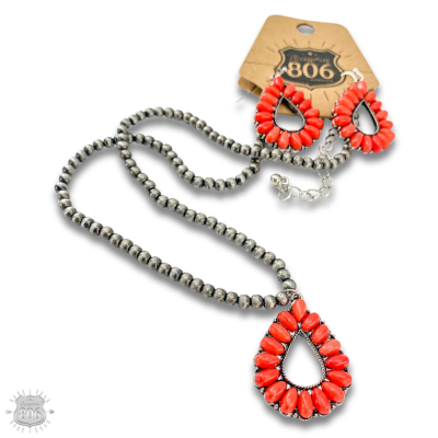 Open stone teardrop necklace set, last call