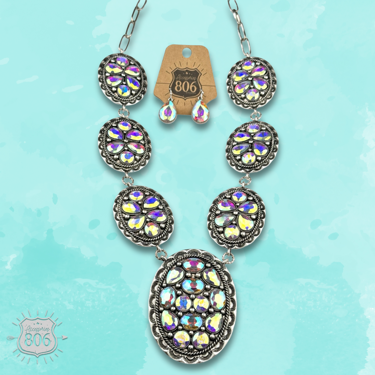 Silver and iridescent rhinestone concho statement necklace jewelry set