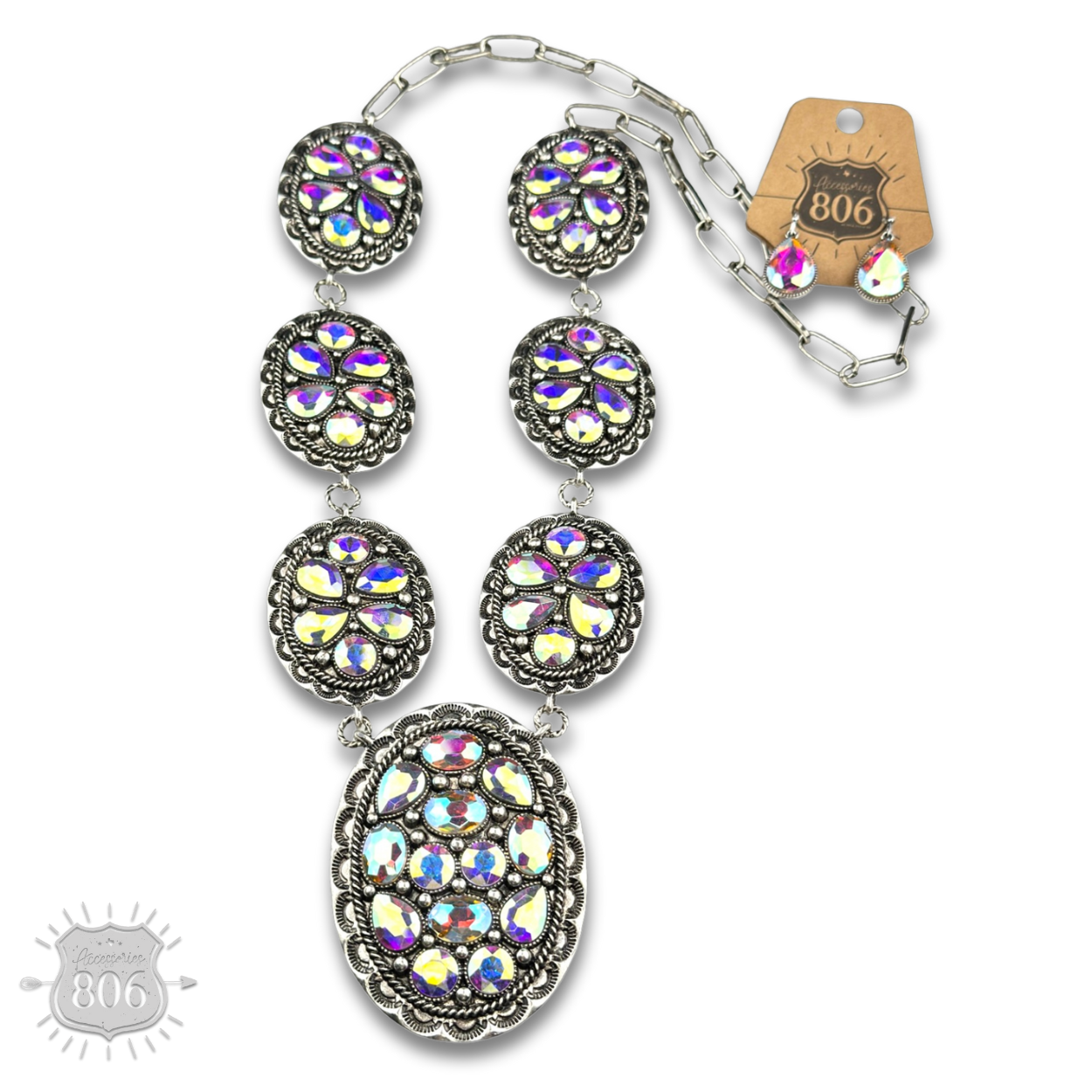 Silver and iridescent rhinestone concho statement necklace jewelry set