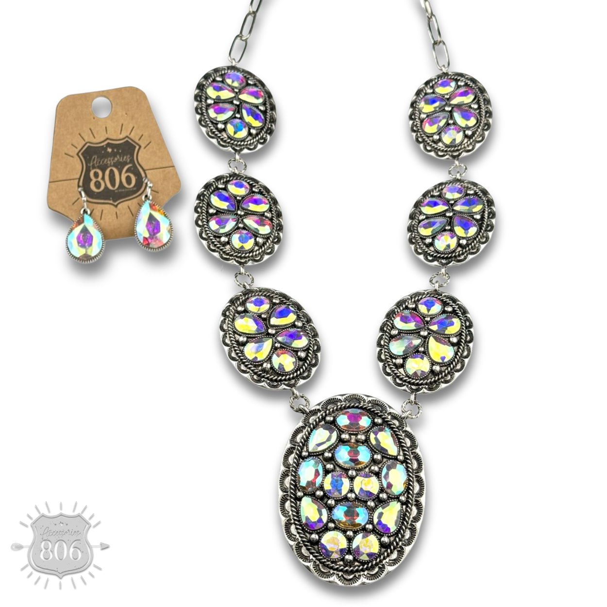 Silver and iridescent rhinestone concho statement necklace jewelry set