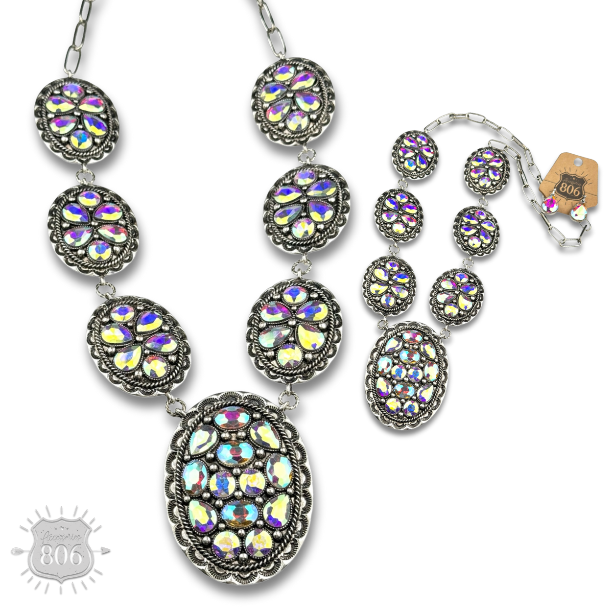 Silver and iridescent rhinestone concho statement necklace jewelry set