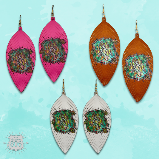Leather aztec print feather earring, last call