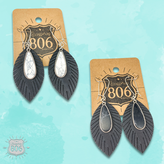 Stone teardrop and feather earring, last call
