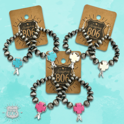 Burnished silver and stone cross earring