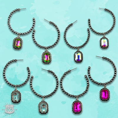 Navajo style bead hoop earring, octagon rhinestone charm