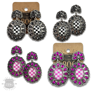 Western oval rhinestone earring with checkerboard inlay