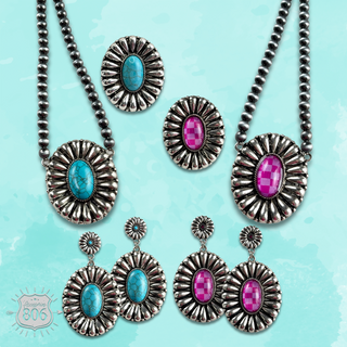 Western sunburst pendant on burnished silver bead necklace
