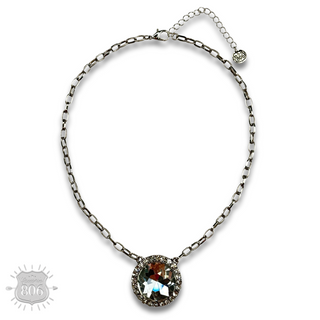 Large round pendant on silver link chain necklace