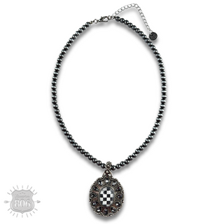 Western oval rhinestone pendant on burnished silver bead necklace