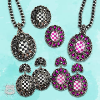 Western oval rhinestone earring with checkerboard inlay