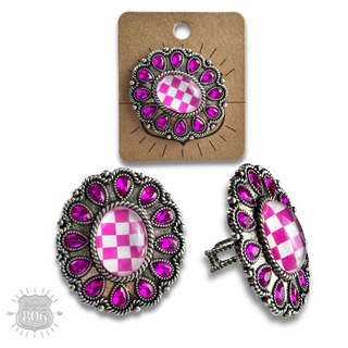 Western oval rhinestone ring with checkerboard inlay