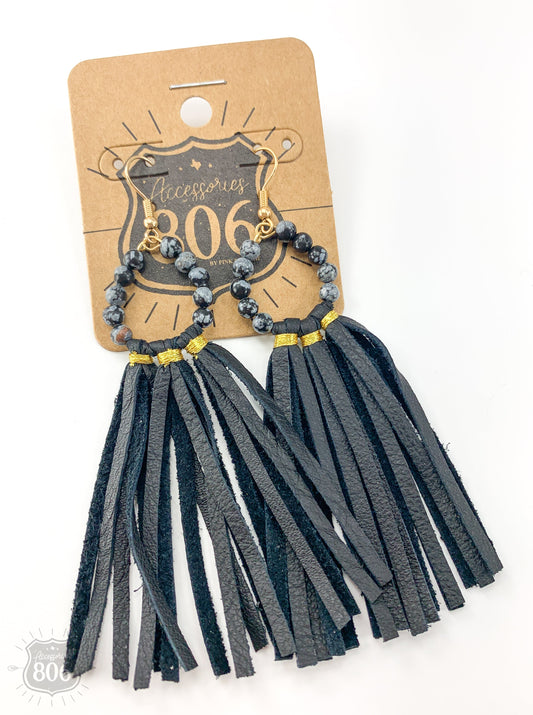 Black stone bead and fringe earring, last call