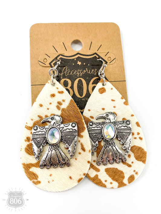 Cow print thunderbird teardrop earring, last call