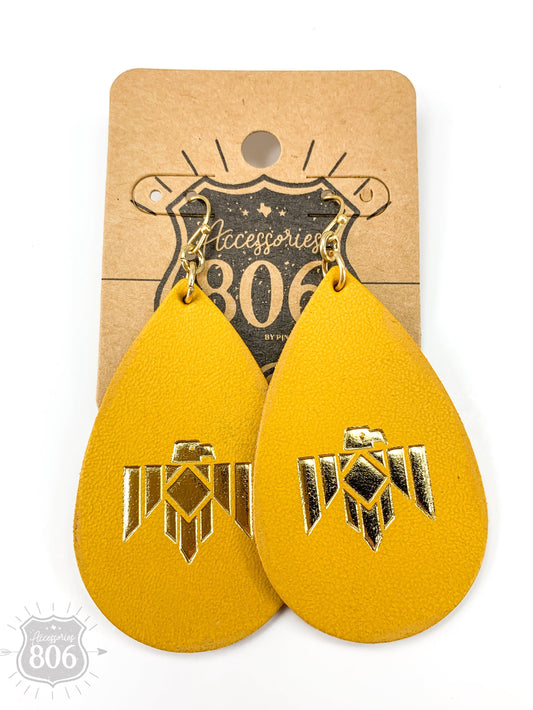 Leather thunderbird teardrop earring, last call