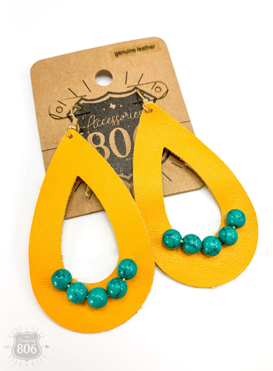 Leather and stitched bead teardrop earring,, last call