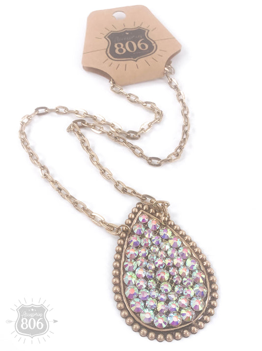 Rhinestone filled teardrop pendant chain necklace