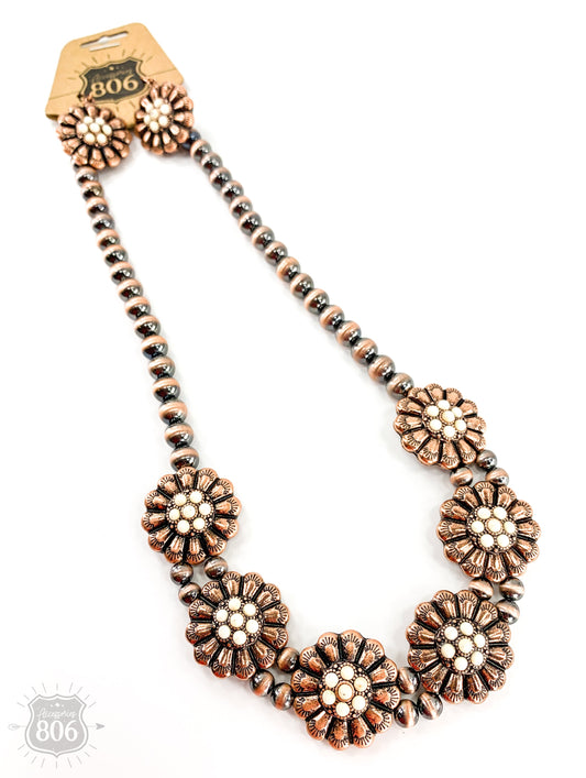 Burnished bead, stone flower necklace set, last call