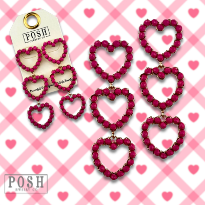 Fuchsia rhinestone triple heart earring
