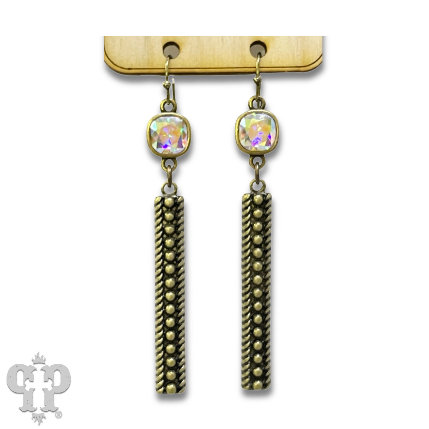 Textured rectangle bar earring with Austrian crystal