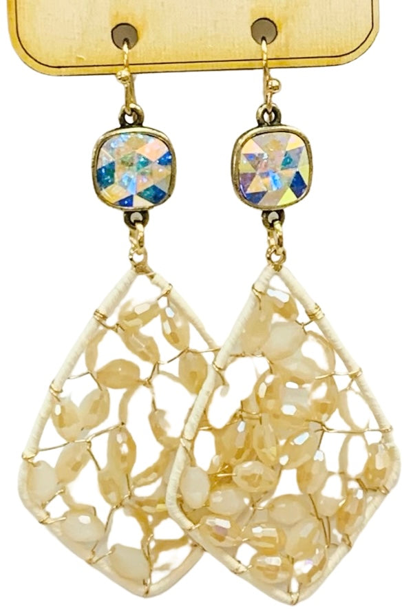 Cream woven bead earring, AB Austrian crystal