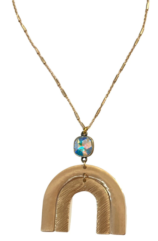 Gold metal arch pendant necklace, Austrian crystal, last call